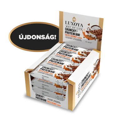 LUXOYA - CRUNCHY PROTEIN BAR - ROPPANÓS FEHÉRJE SZELET 12x45g - Karamella Kókusz ízű